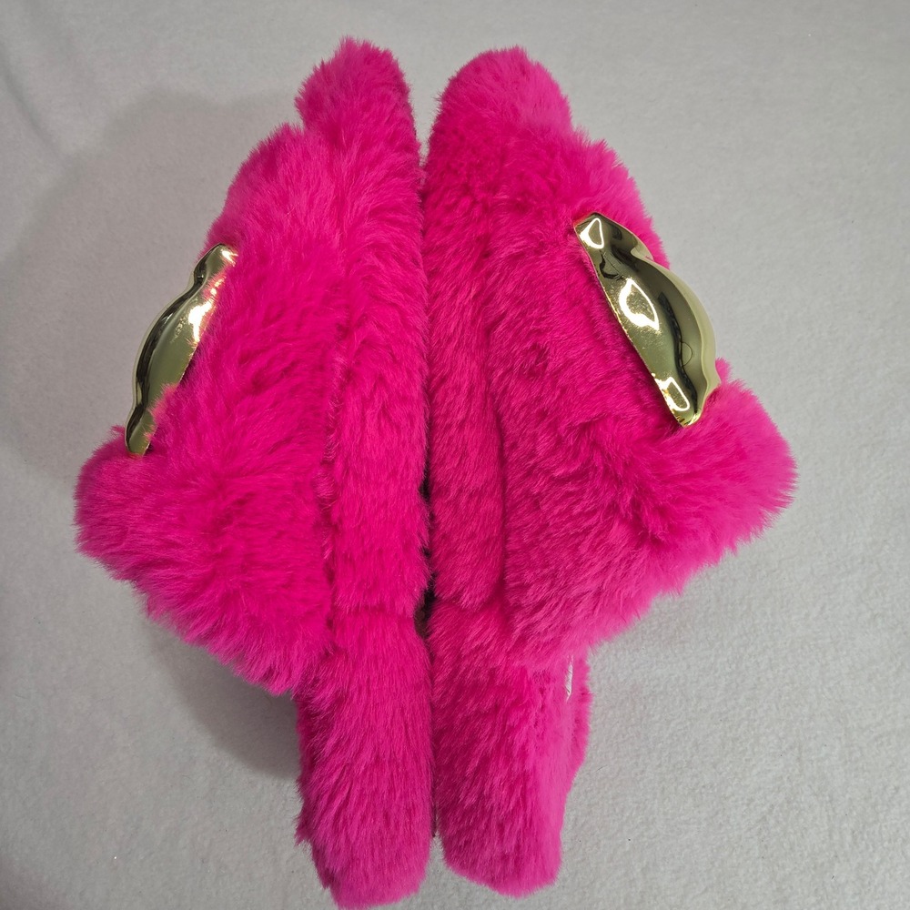 Katy Perry Fuzzy Gold Bow Slide Slippers Hot Pink Cozy Glam Womens Medium (8-9) - Picture 6 of 11
